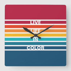 Chic Colorful Stripes Pattern Live Life in Color Square Wall Clock