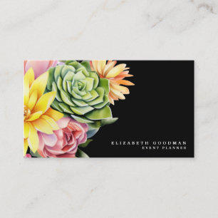 Chic Colorful Succulents Black Business Cards