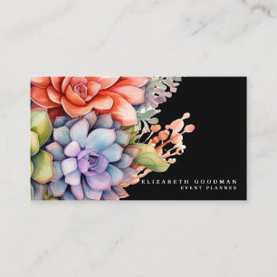 Chic Colorful Succulents Black Business Cards