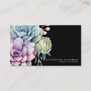 Chic Colorful Succulents Black Business Cards