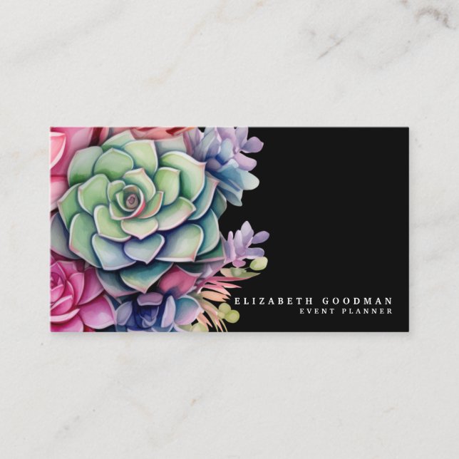 Chic Colorful Succulents Black Business Cards (Front)