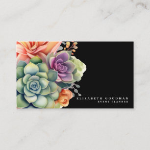 Chic Colorful Succulents Black Business Cards
