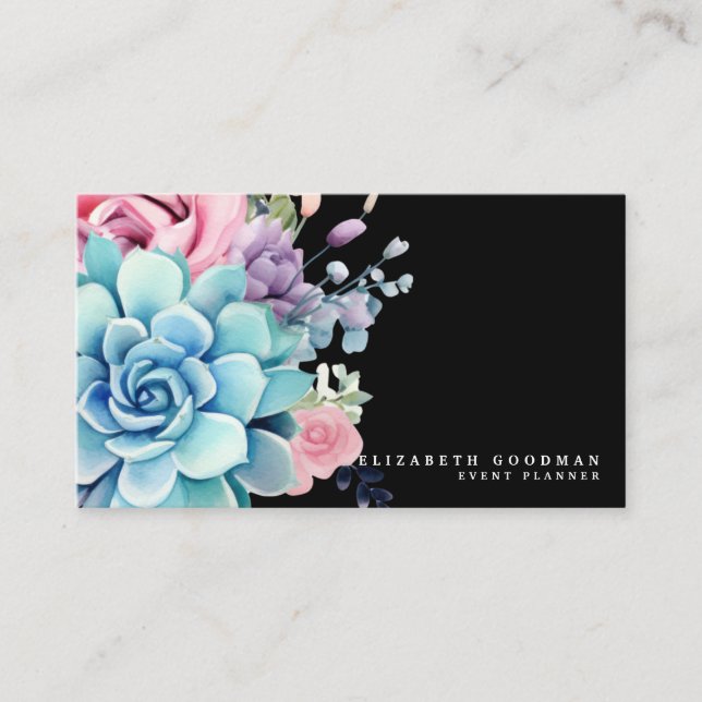 Chic Colorful Succulents Black Business Cards (Front)