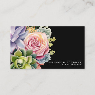 Chic Colorful Succulents Black Business Cards