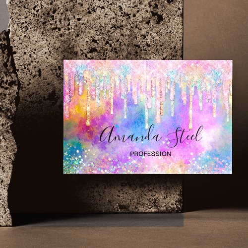Chic colorful unicorn dripping glitter business card