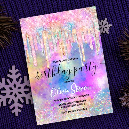 Chic colorful unicorn dripping glitter invitation