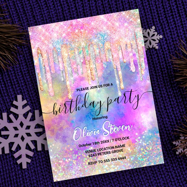 Chic colorful unicorn dripping glitter invitation (Creator Uploaded)