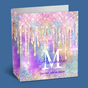 Chic colorful unicorn dripping glitter monogram 3 ring binder