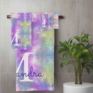 Chic colorful unicorn dripping glitter monogram bath towel set