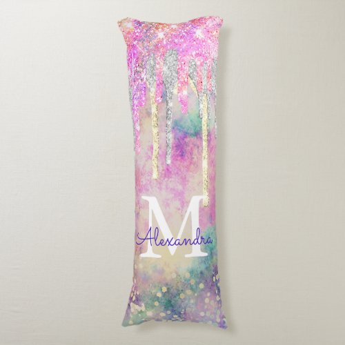 Chic colorful unicorn dripping glitter monogram body pillow