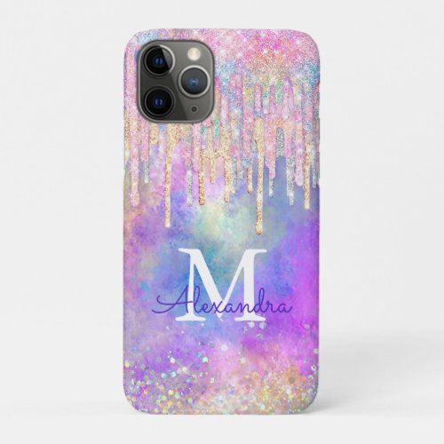 Chic colorful unicorn dripping glitter monogram Ca iPhone 11 Pro Case