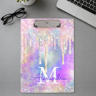 Chic colorful unicorn dripping glitter monogram clipboard