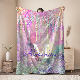 Chic colorful unicorn dripping glitter monogram fleece blanket