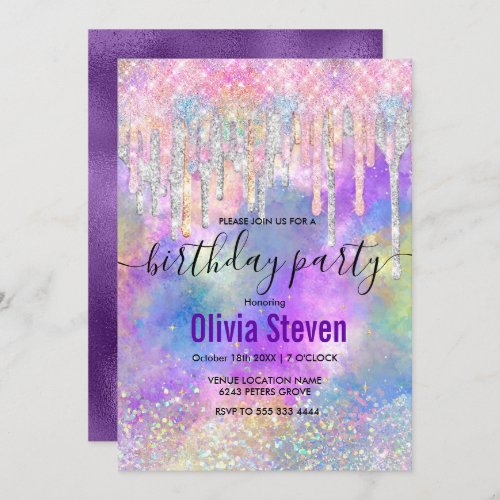 Chic colorful unicorn dripping glitter monogram in invitation