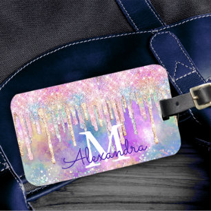 Chic colorful unicorn dripping glitter monogram luggage tag