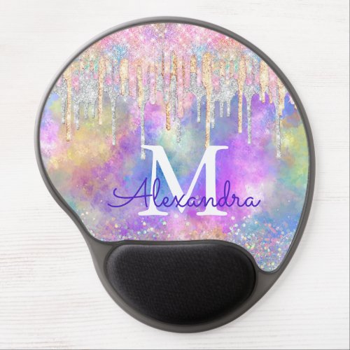 Chic colorful unicorn dripping glitter monogram mo gel mouse pad