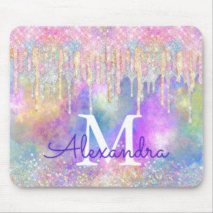 Chic colorful unicorn dripping glitter monogram mouse pad
