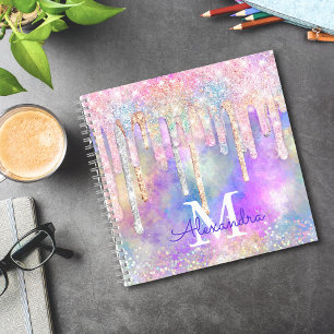 Chic colorful unicorn dripping glitter monogram notebook