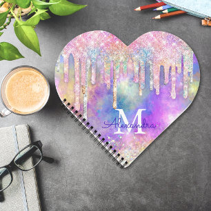 Chic colorful unicorn dripping glitter monogram notebook