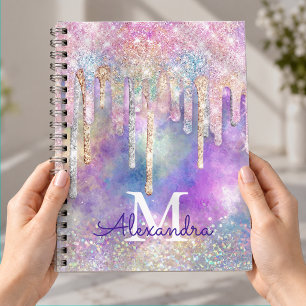Chic colorful unicorn dripping glitter monogram notebook