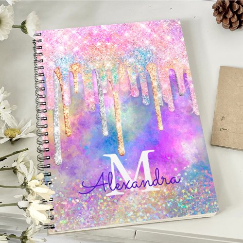 Chic colorful unicorn dripping glitter monogram notebook