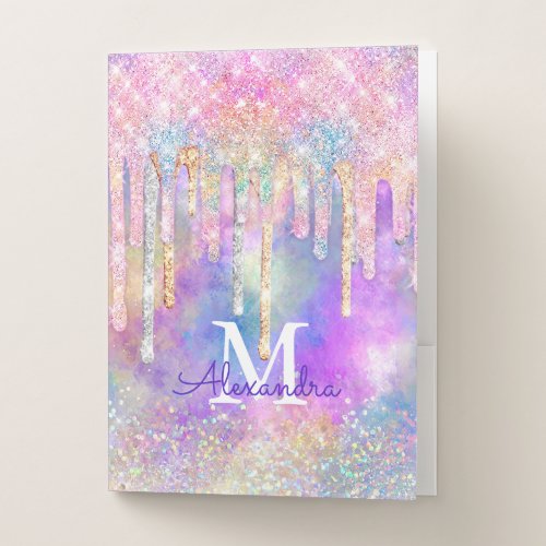 Chic colorful unicorn dripping glitter monogram pocket folder