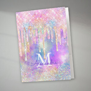 Chic colorful unicorn dripping glitter monogram pocket folder