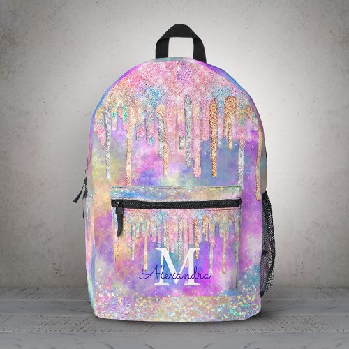 Chic colorful unicorn dripping glitter monogram printed backpack