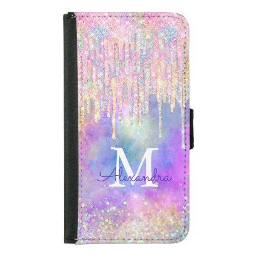 Chic colorful unicorn dripping glitter monogram samsung galaxy s5 wallet case