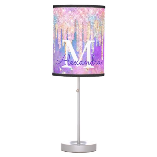 Chic colorful unicorn dripping glitter monogram table lamp