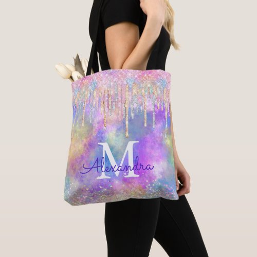 Chic colorful unicorn dripping glitter monogram tote bag