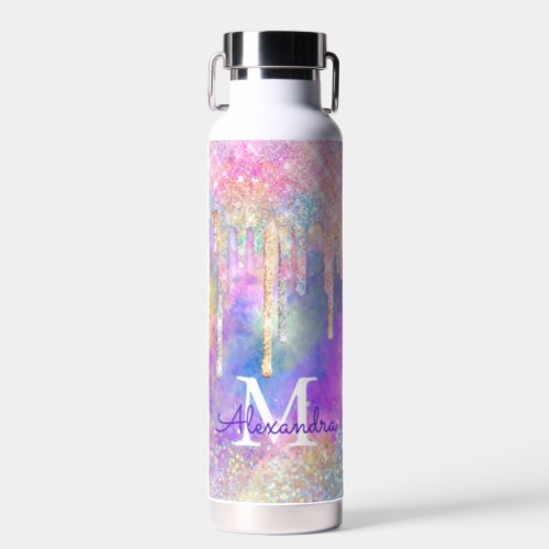 Chic colorful unicorn dripping glitter monogram water bottle