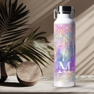 Chic colorful unicorn dripping glitter monogram water bottle