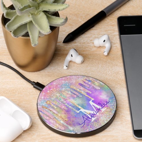 Chic colorful unicorn dripping glitter monogram wireless charger 