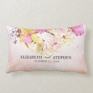 Chic Colorful Watercolor Flowers Botanical Wedding Lumbar Pillow