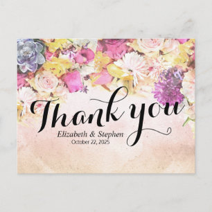 Chic Colorful Watercolor Flowers Wedding Thank You Postcard