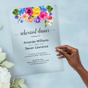 Chic colorful wildflowers wedding rehearsal dinner acrylic invitations