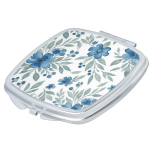 Chic Compact Mirror With Blue Green Floral Art
