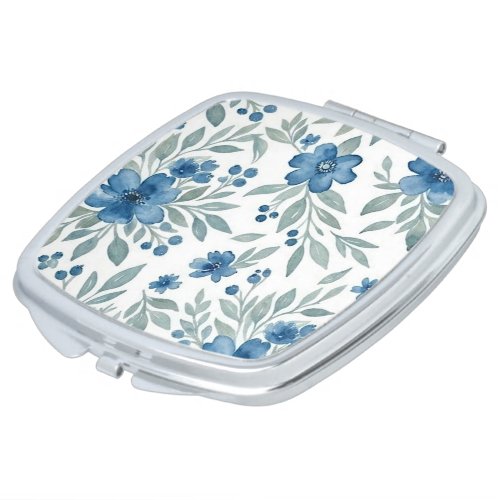 Chic Compact Mirror With Blue Green Floral Art