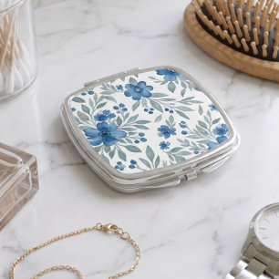 Chic Compact Mirror With Blue Green Floral Art