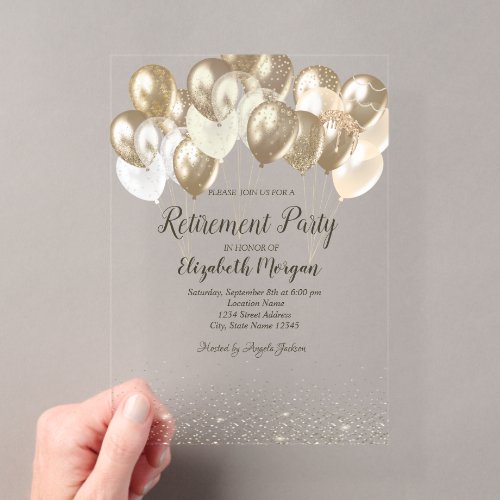 Chic Confetti Balloons Brown Metallic Retirement Acrylic Invitations