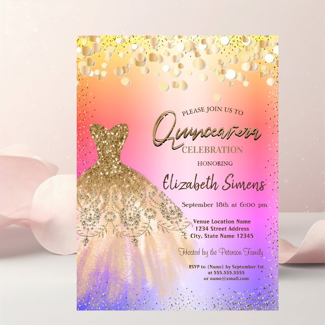Chic Confetti Dots,Chic Dress Quinceañera  Invitation (Creator Uploaded)