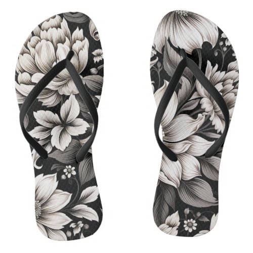 Chic Contrast Black and White Floral Flip Flops