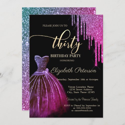 Chic Cool Dress Glitter Drips 30th Birthday   Invitation