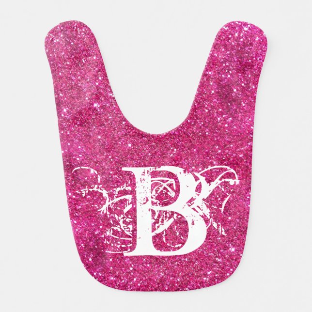 Chic Cool Pink Glitter White Initial Monogram Baby Bib (Front)