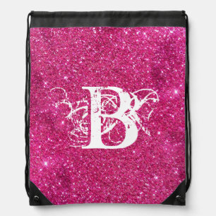 Chic Cool Pink Glitter White Initial Monogram Drawstring Bag