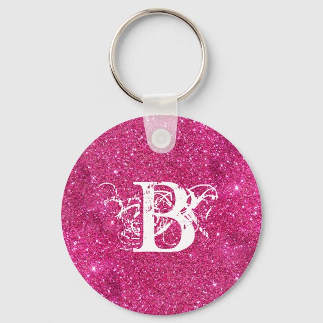 Chic Cool Pink Glitter White Initial Monogram Keychain (Front)