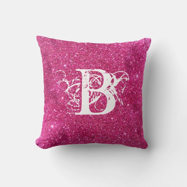 Chic Cool Pink Glitter White Initial Monogram Throw Pillow (Front)