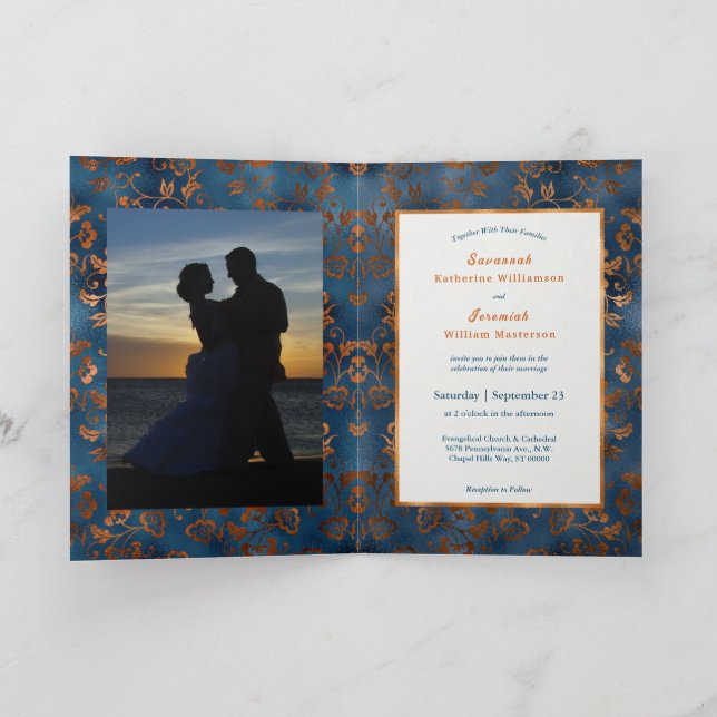  Chic Copper Blue Floral Customize Bifold Wedding Invitation (Inside)
