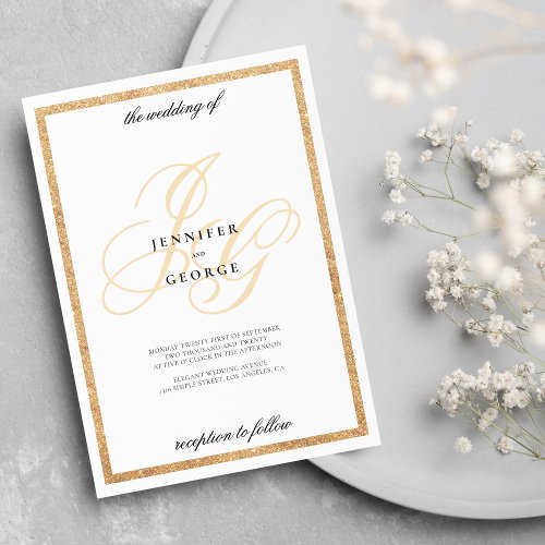 Chic copper glitter monogram initial white wedding invitation